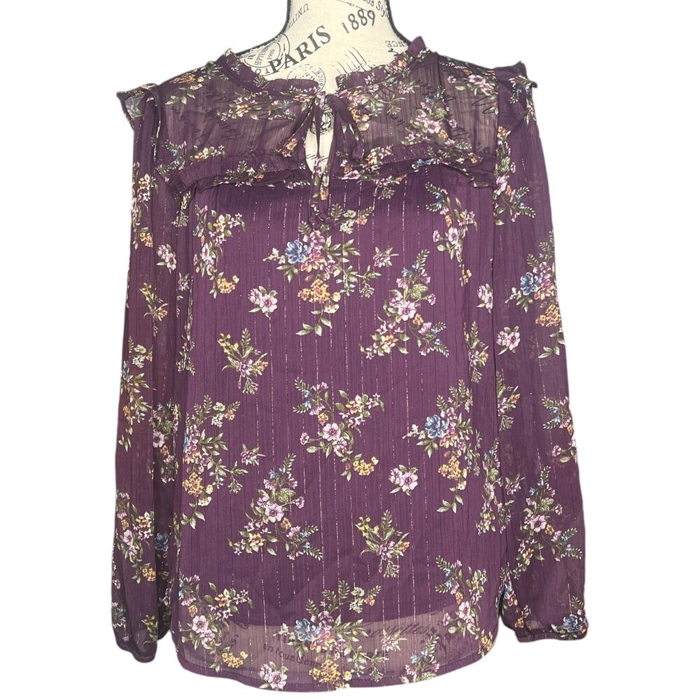 Fortune + Ivy PETITE SMALL Metallic Ruffle Tie Neck Sheer Arm Long Sleeve Blouse